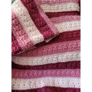 Vtg Granny Afghan Crochet Throw Blanket 82" x 60" Pink Striped Homemade